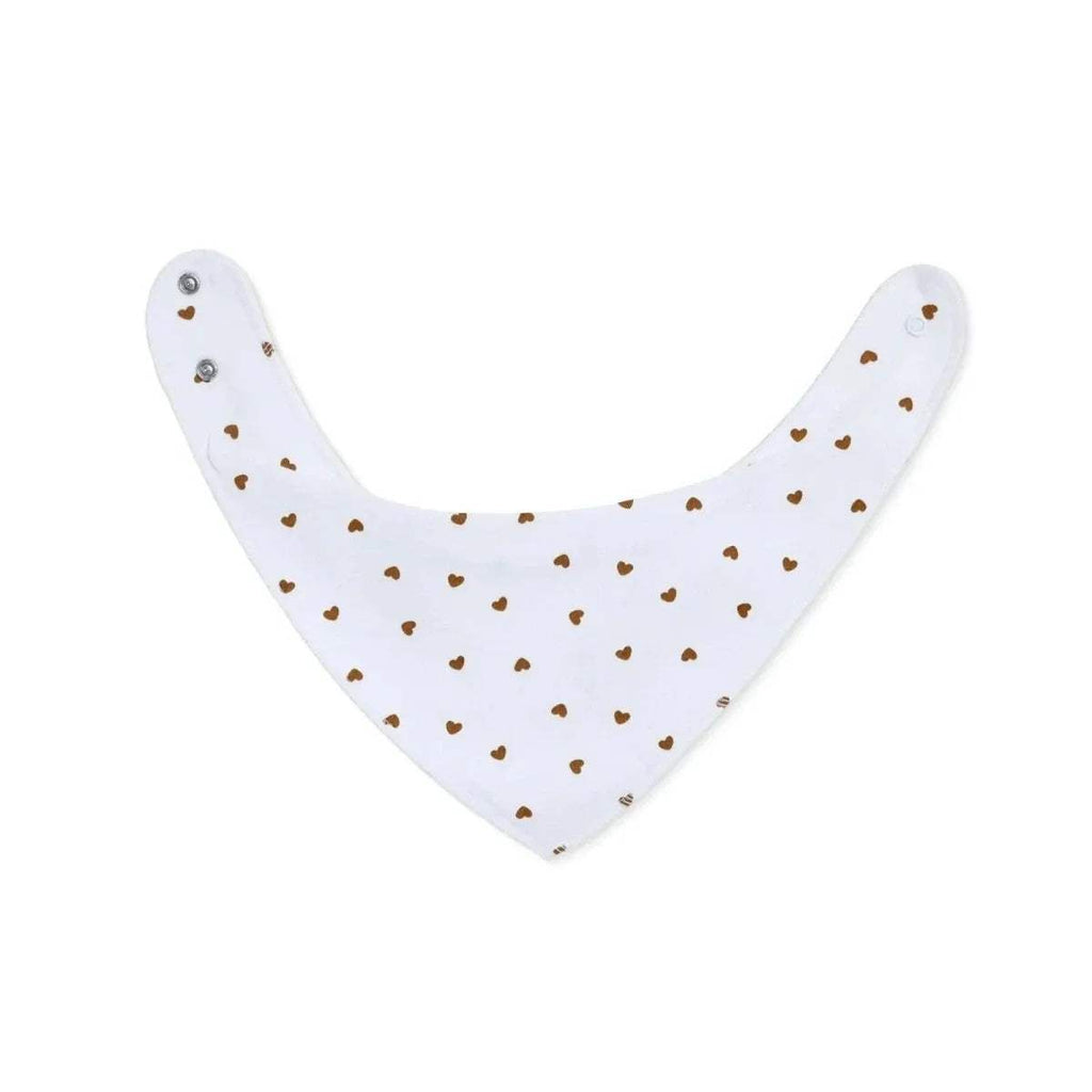 Cotton bandana bib with teddy bear face and heart print, white with brown details