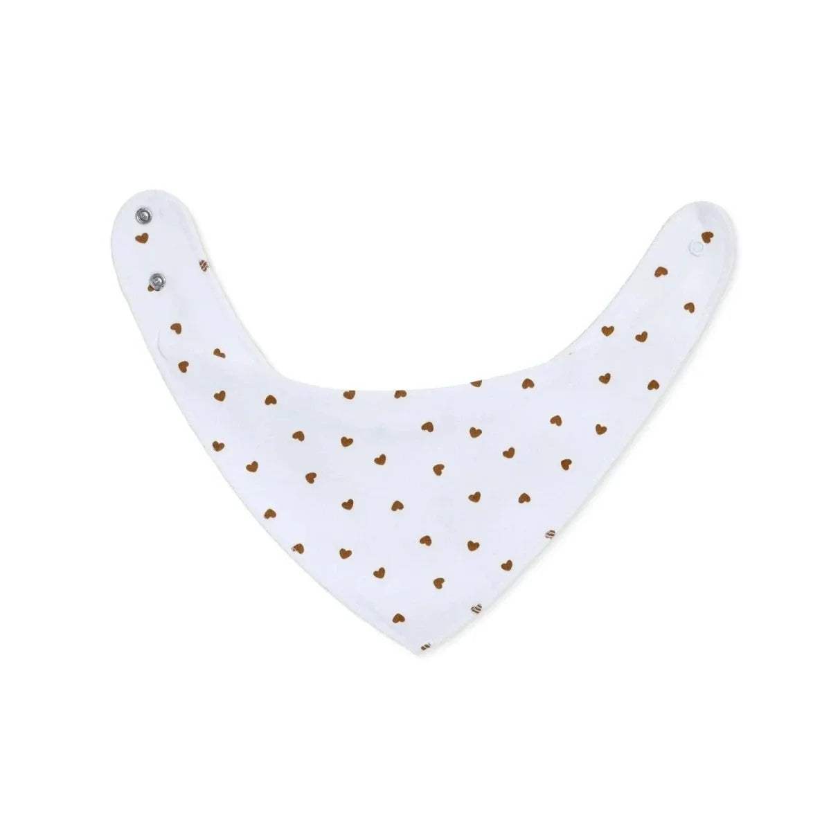 Cotton bandana bib with teddy bear face and heart print, white with brown details