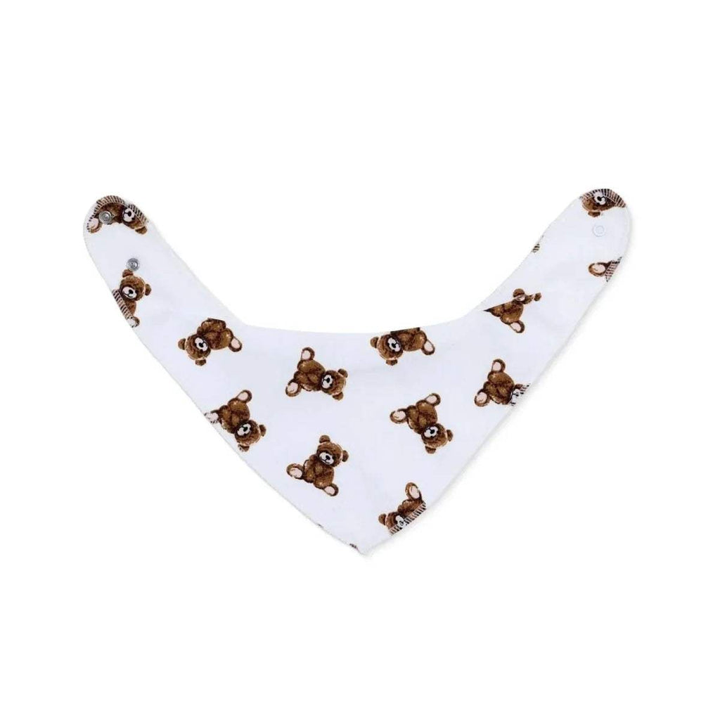 Cotton bandana bib with allover teddy bear print, white with brown bears