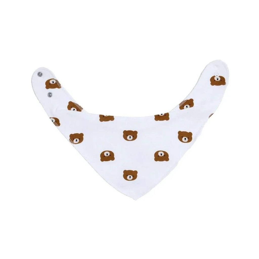Cotton bandana bib with scattered teddy bear faces, white with brown details
