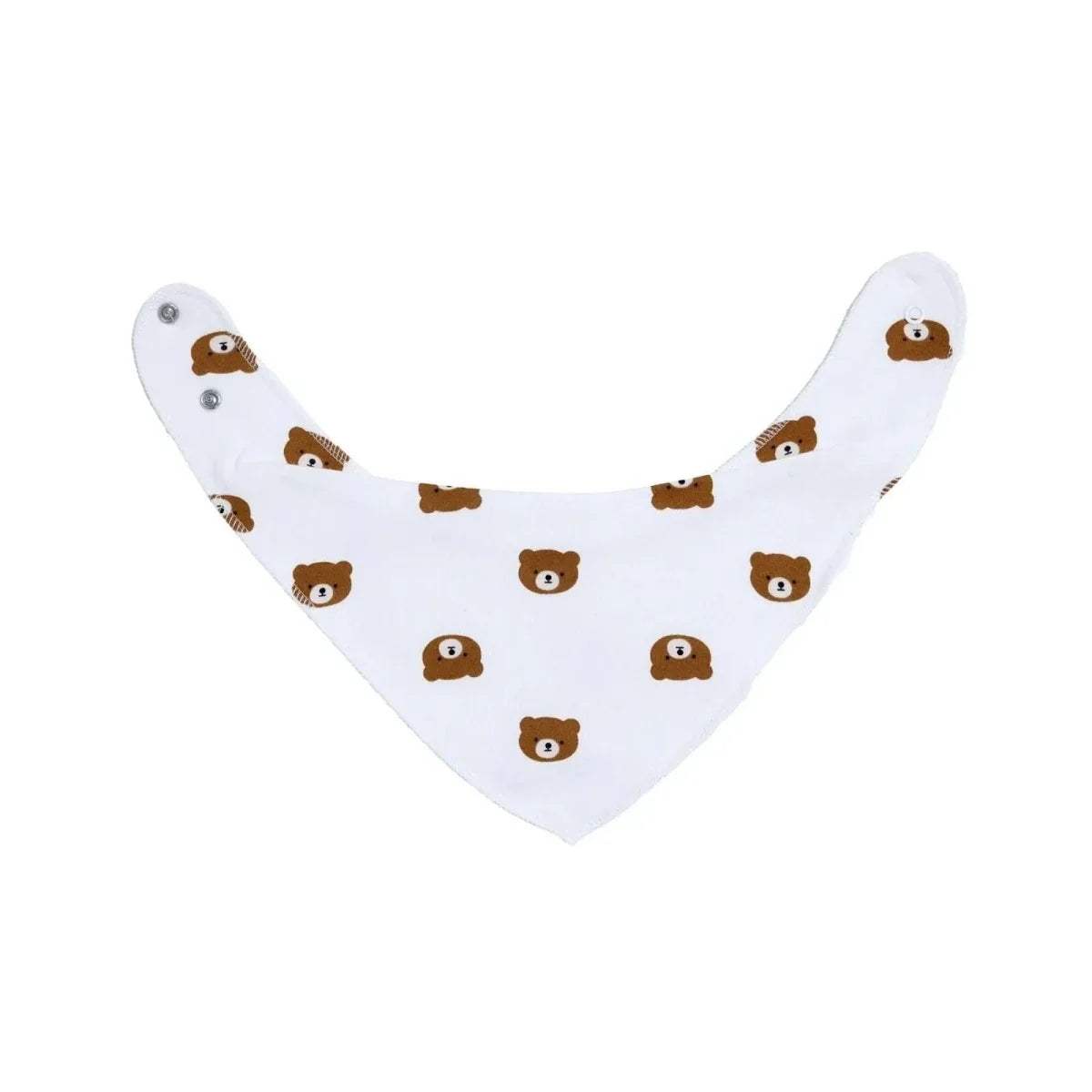 Cotton bandana bib with scattered teddy bear faces, white with brown details