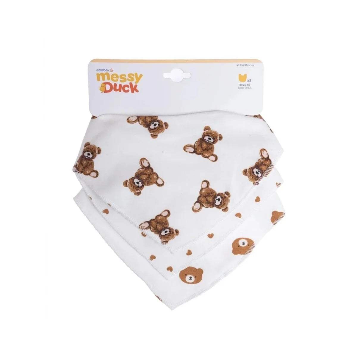Messy Duck 3-pack cotton bandana bibs in package, white with teddy bear prints
