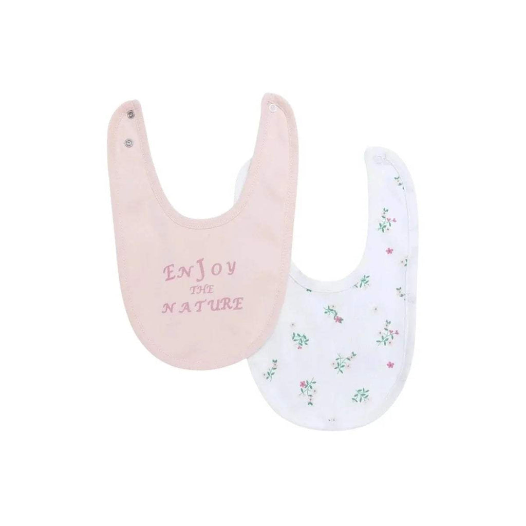 Pack of 2 baby bibs: light pink bib with text and white bib with floral print.