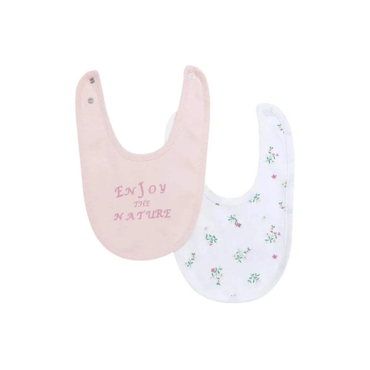 Pack of 2 baby bibs: light pink bib with text and white bib with floral print.
