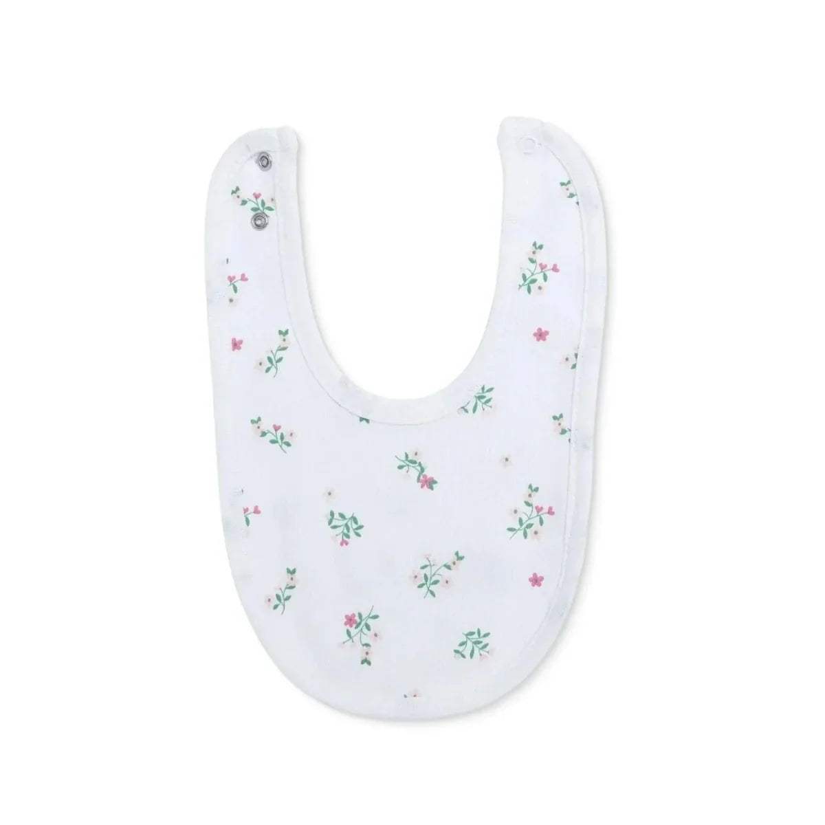 White baby bib with scattered small floral illustrations in green and pink tones.