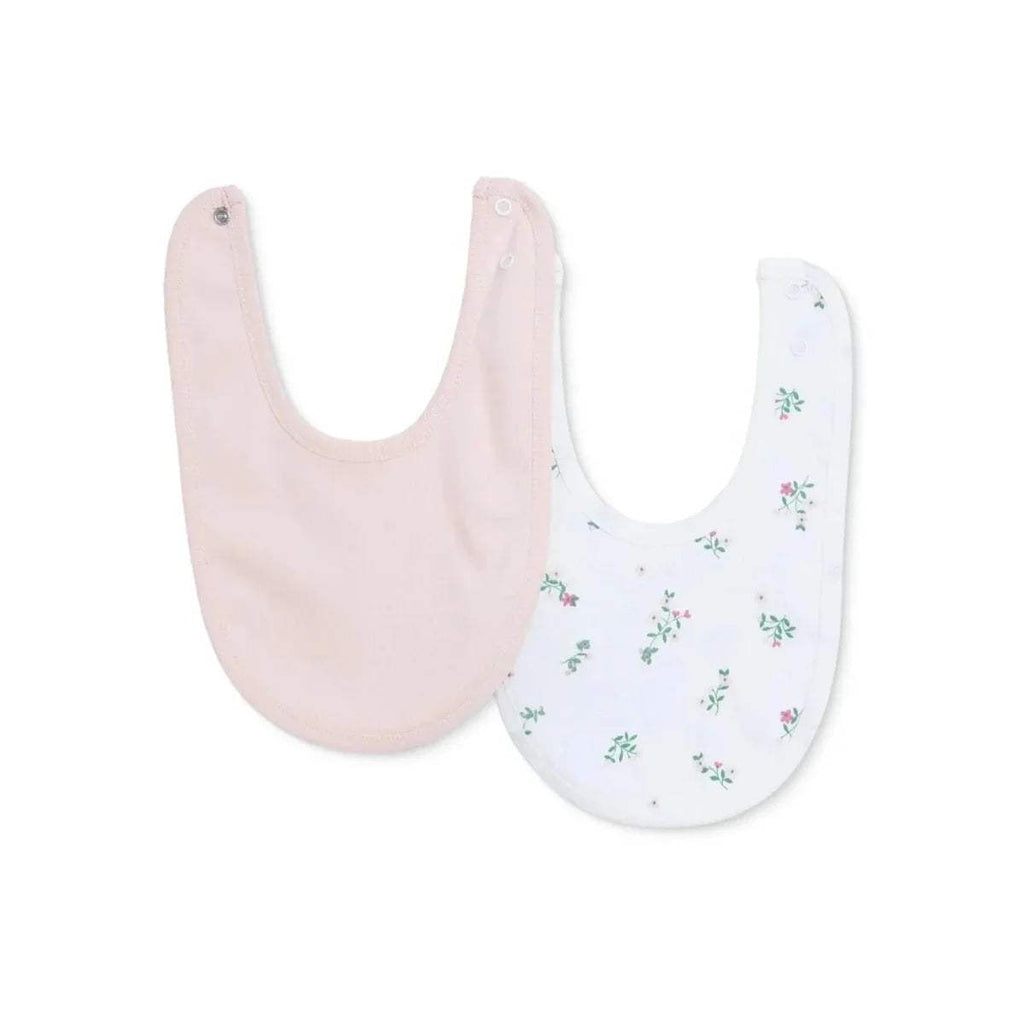 Pair of baby bibs: light pink bib with text detail and white bib with allover florals.