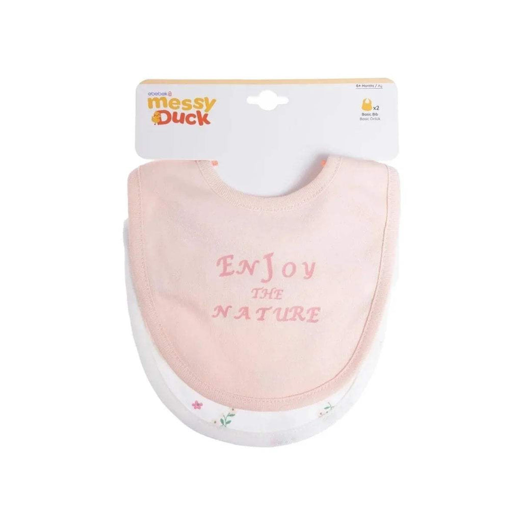 Baby bib set on retail card: light pink bib with text and white bib with florals.