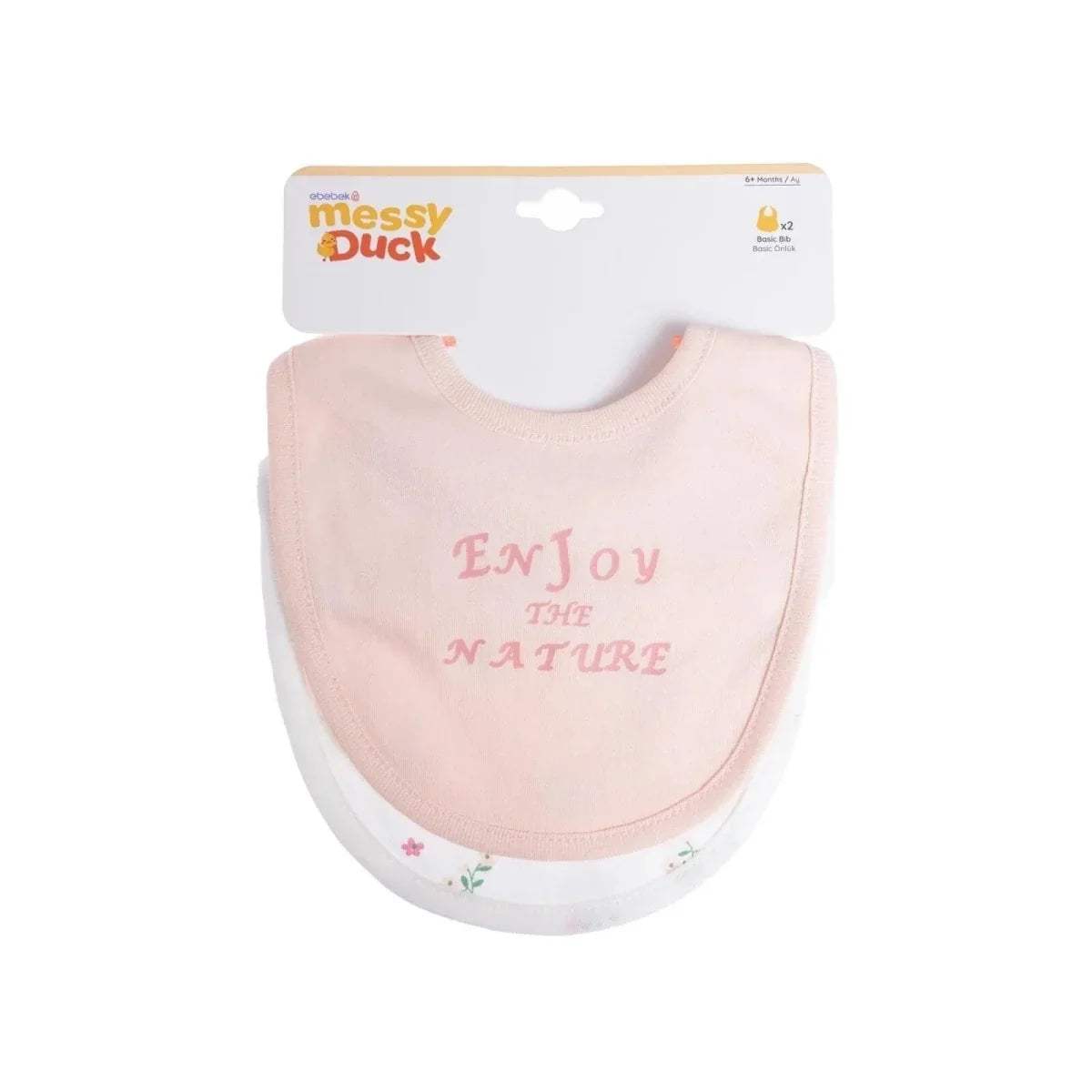 Baby bib set on retail card: light pink bib with text and white bib with florals.