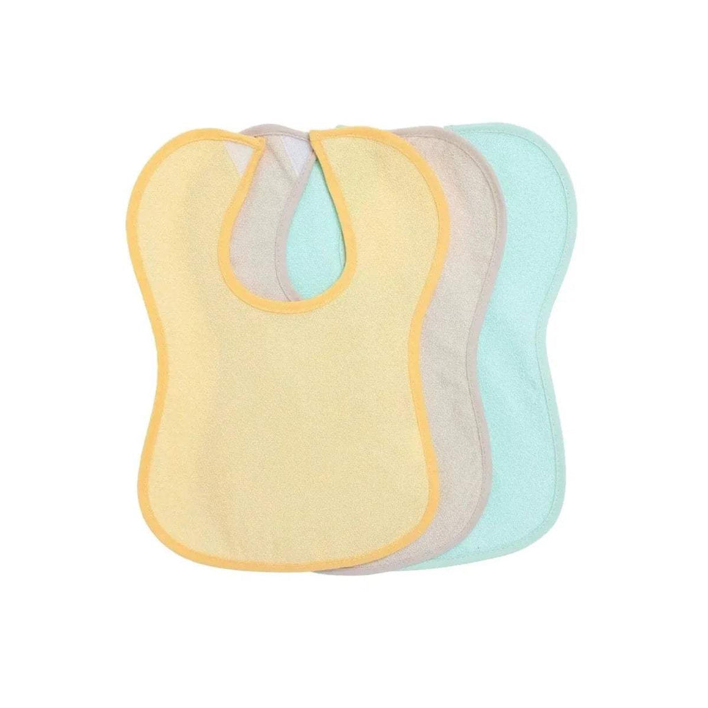 Pack of 3 waterproof baby bibs in yellow, gray, and teal with curved neckline.