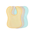 Pack of 3 waterproof baby bibs in yellow, gray, and teal with curved neckline.