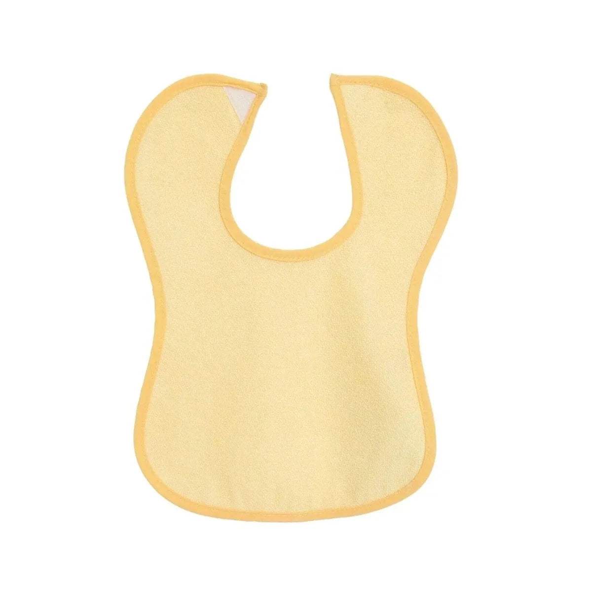 Waterproof baby bib in yellow with curved, sleeveless design and stitched edges.