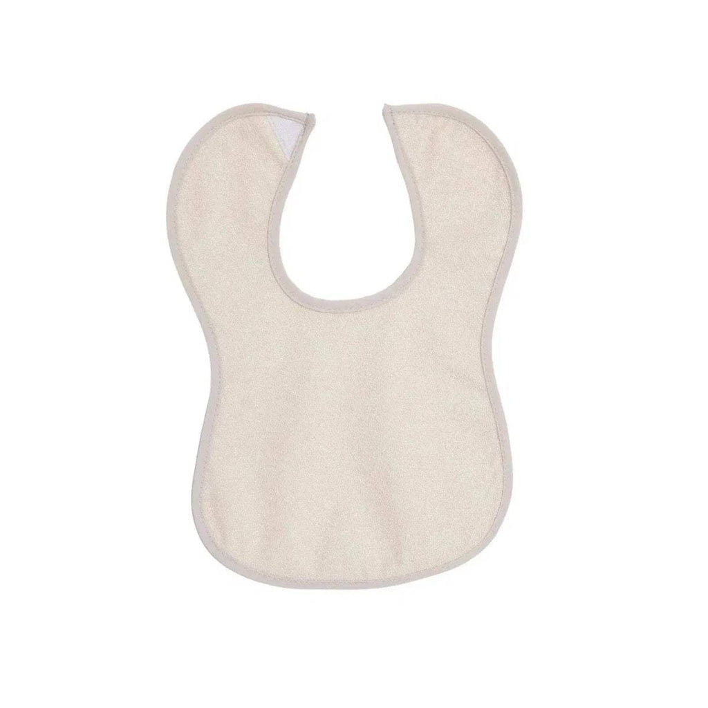 Waterproof baby bib in light gray with curved neckline and stitched trim.