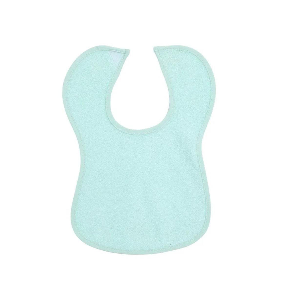 Waterproof baby bib in teal with curved, sleeveless cut and stitched edge.