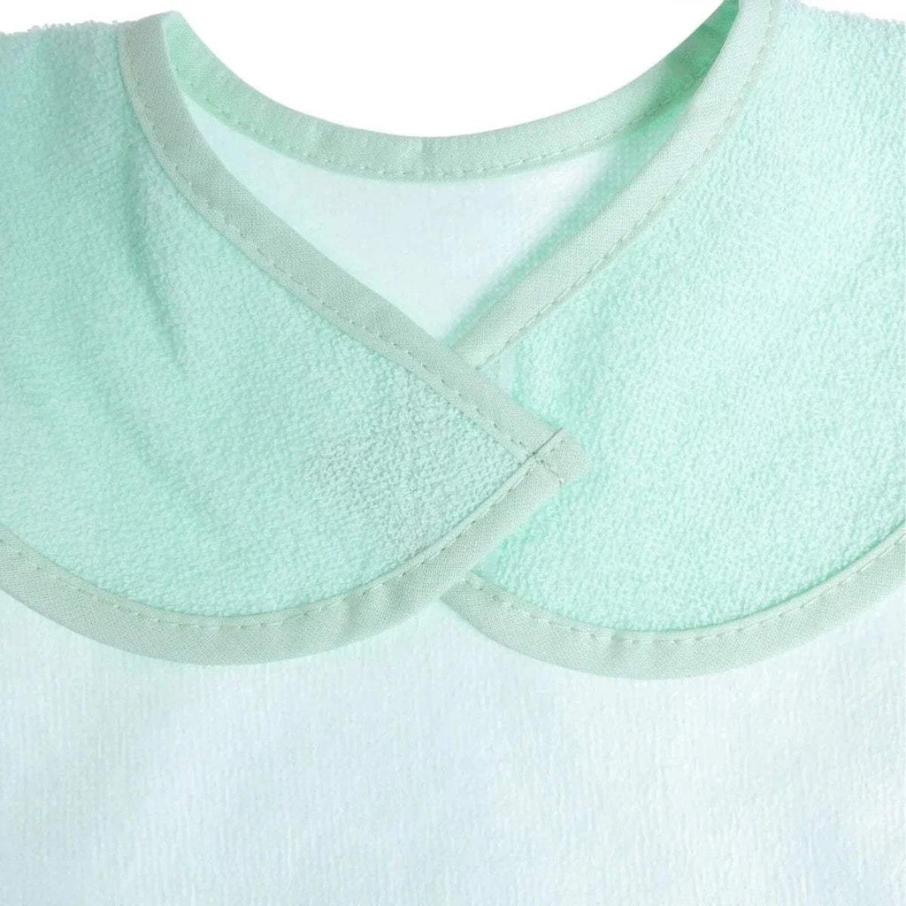 Teal waterproof baby bib fabric with double-stitched neckline trim and seam detail.
