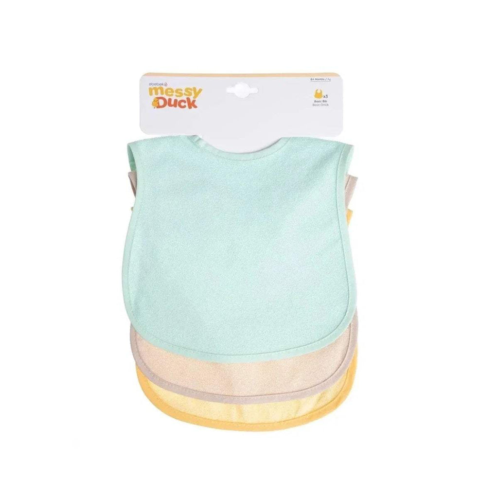 messy Duck waterproof baby bib pack in teal and beige, shown on retail card.