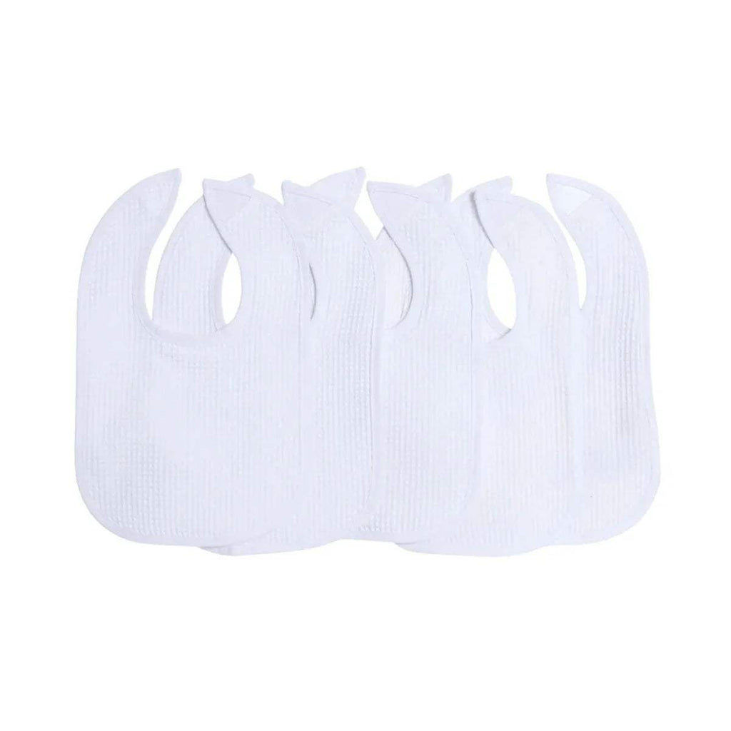 Set of 5 white baby bibs with cutout neck and soft textured fabric