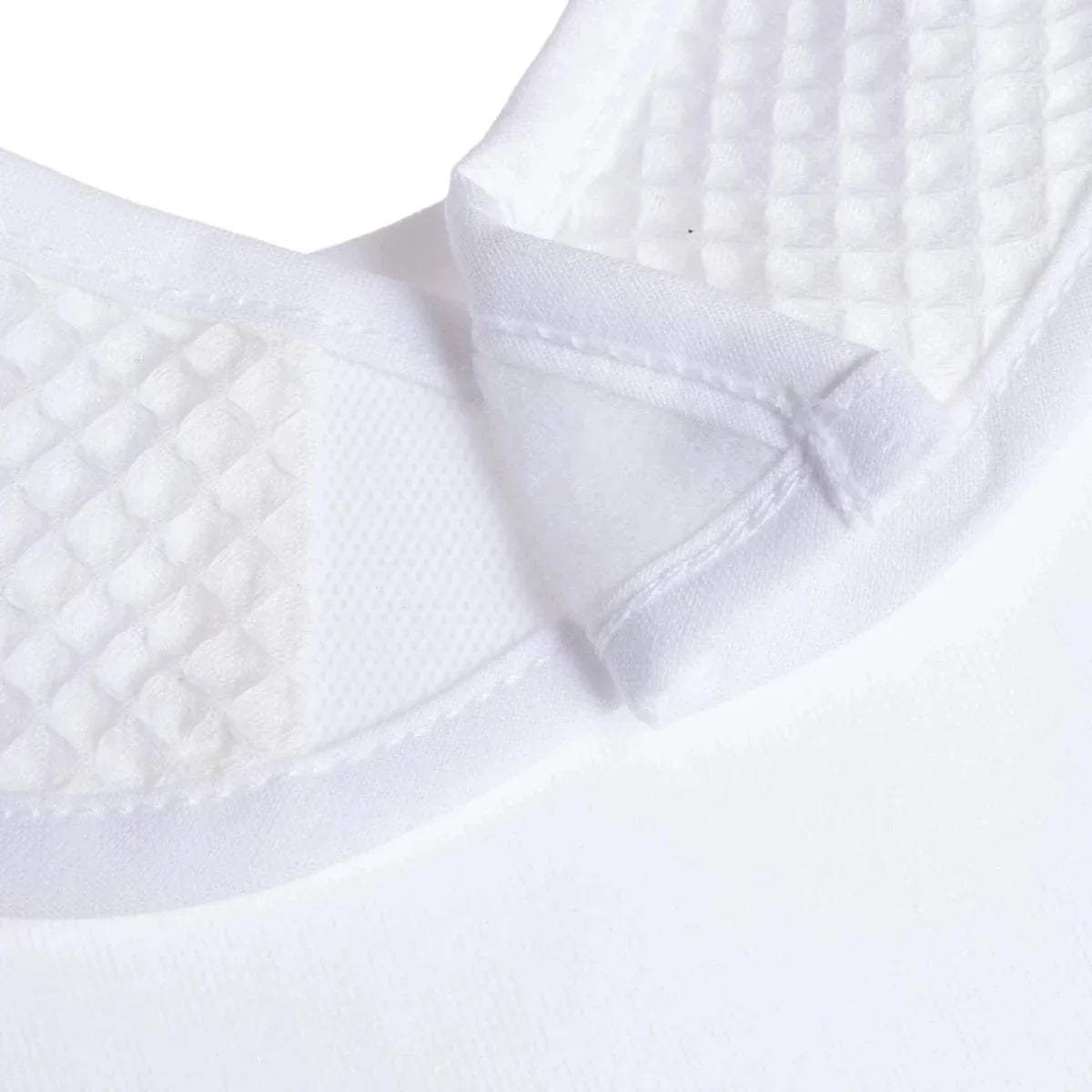White baby bib neckline with folded edge and waffle-textured body