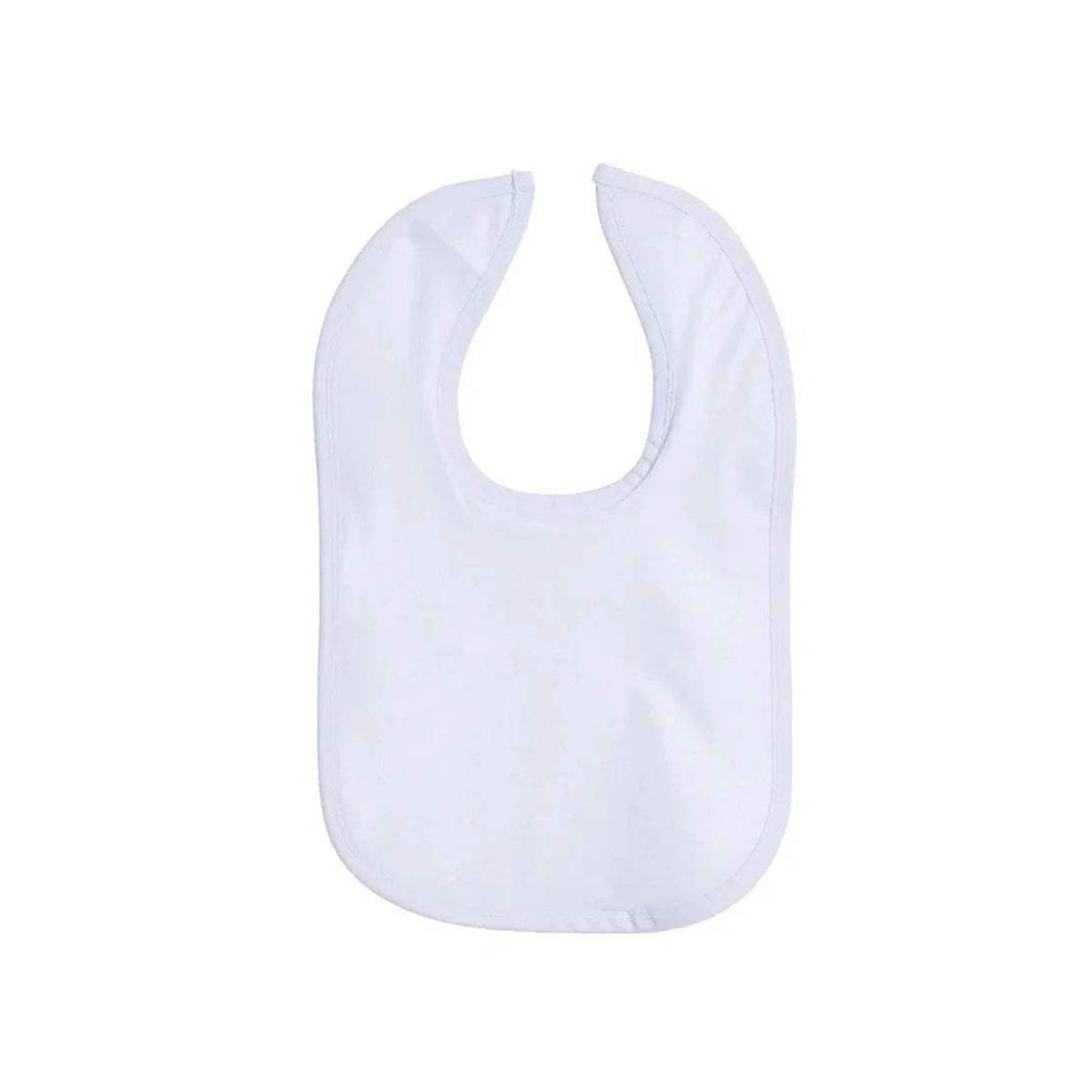 Single white baby bib with curved front and cutout neck