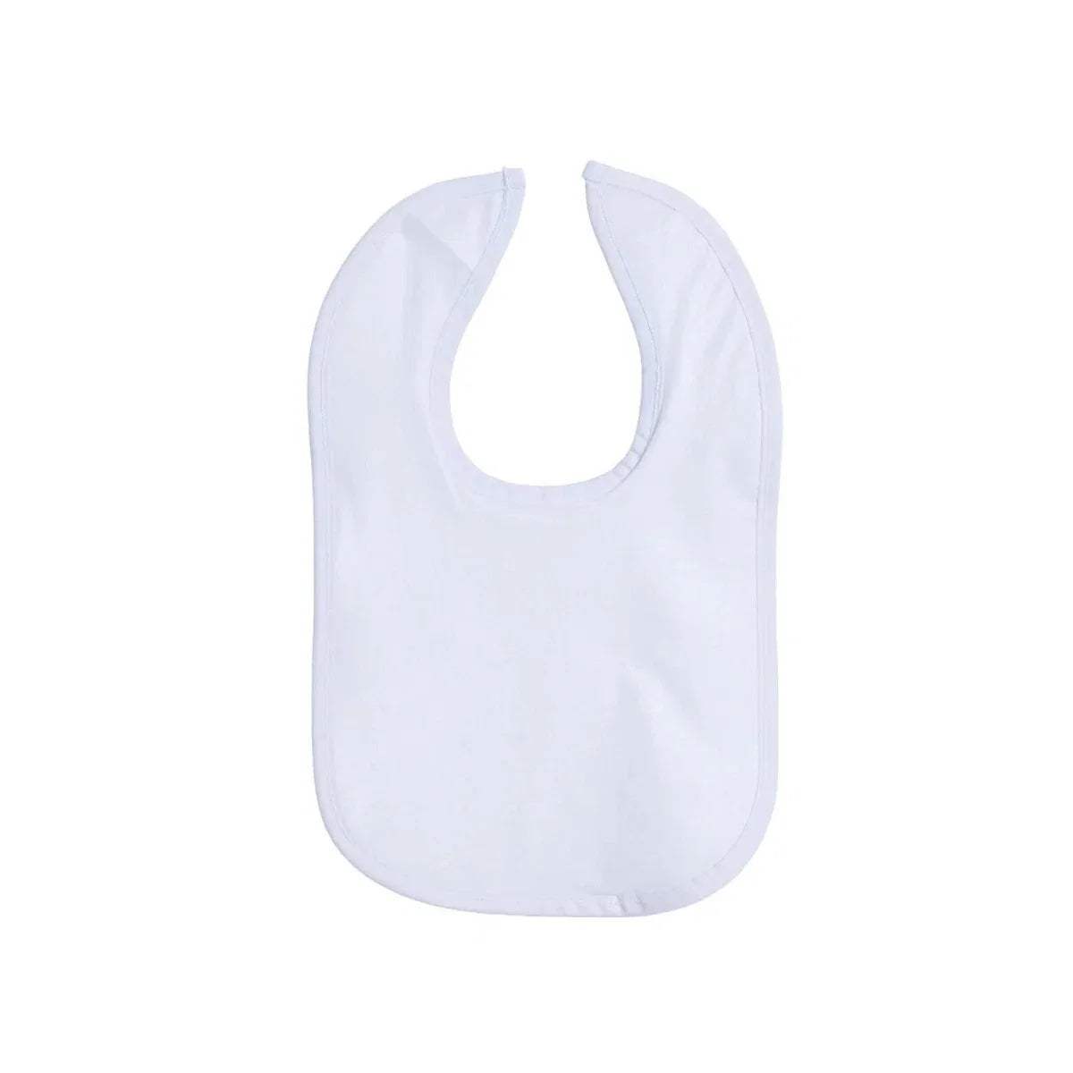Single white baby bib with curved front and cutout neck