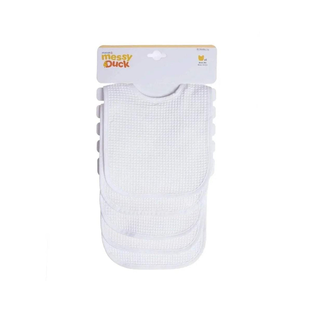 Pack of 5 white baby bibs on retail card, waffle-textured fabric