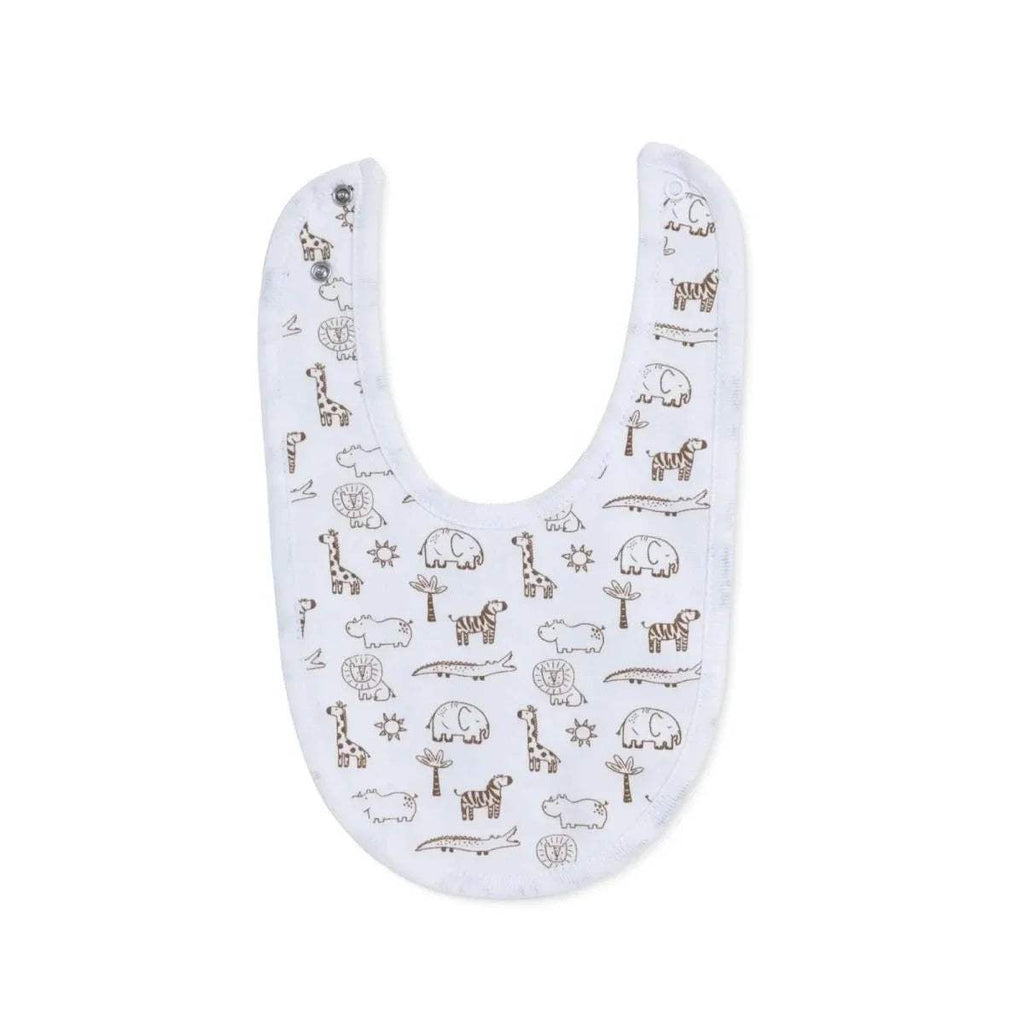 Single baby cotton bib with allover safari animal outline print