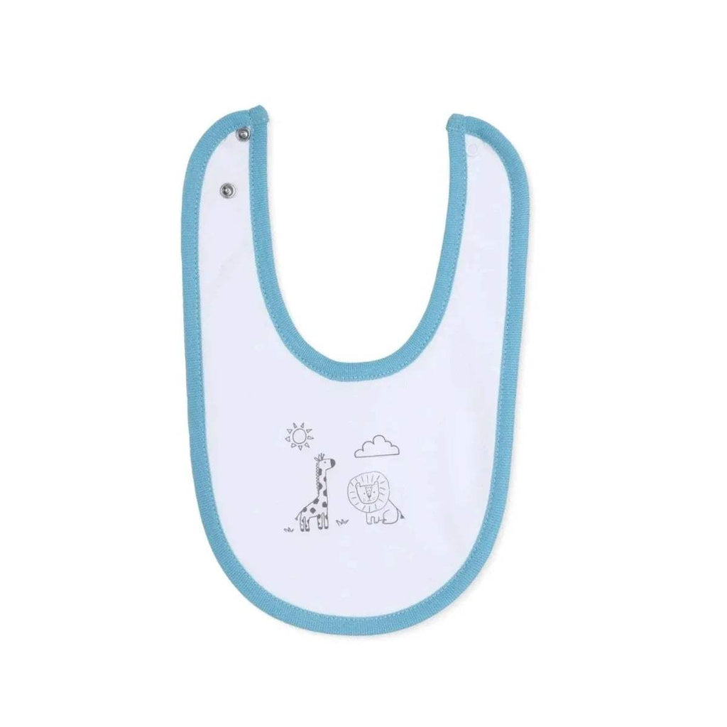 Baby cotton bib in white with blue trim and small safari icons