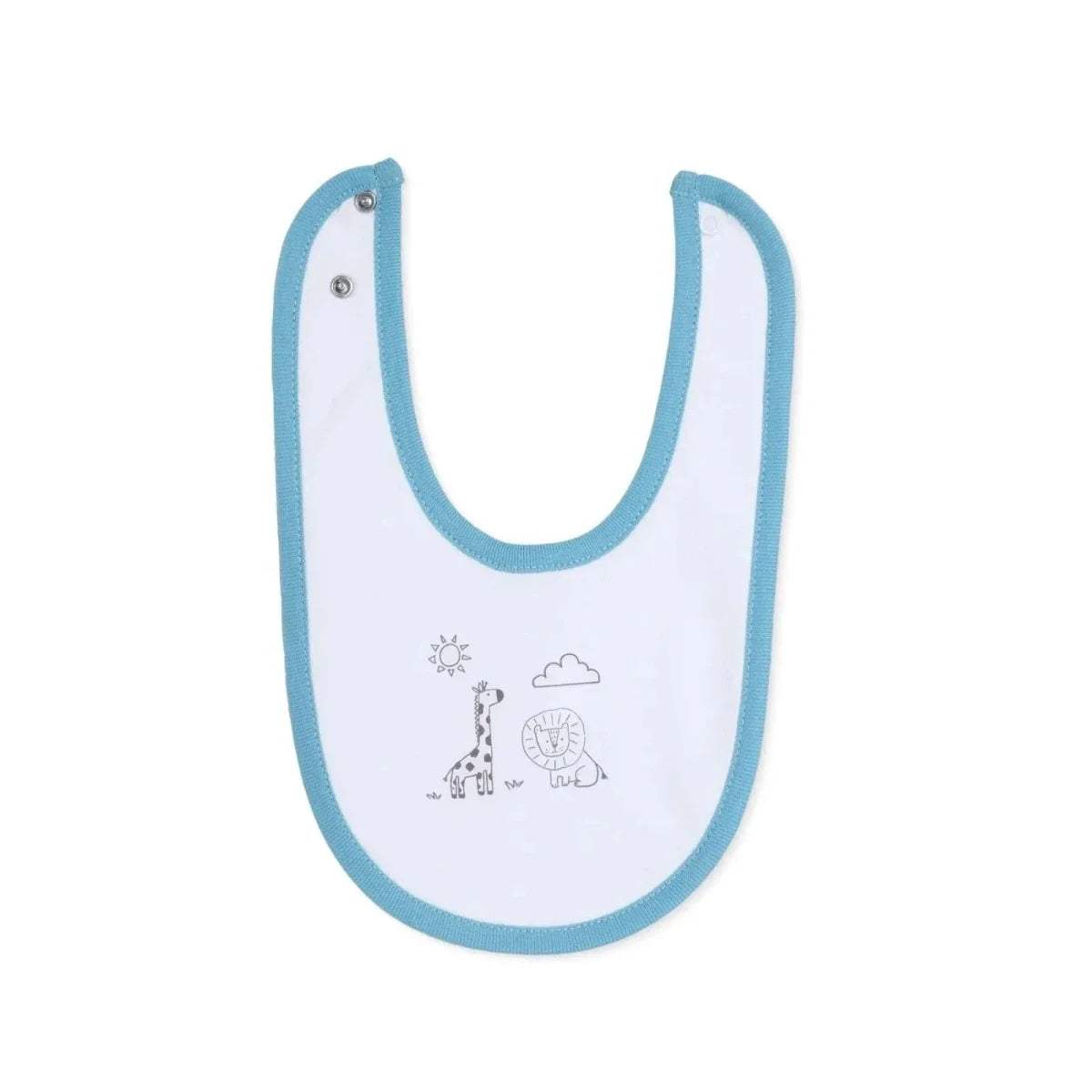 Baby cotton bib in white with blue trim and small safari icons