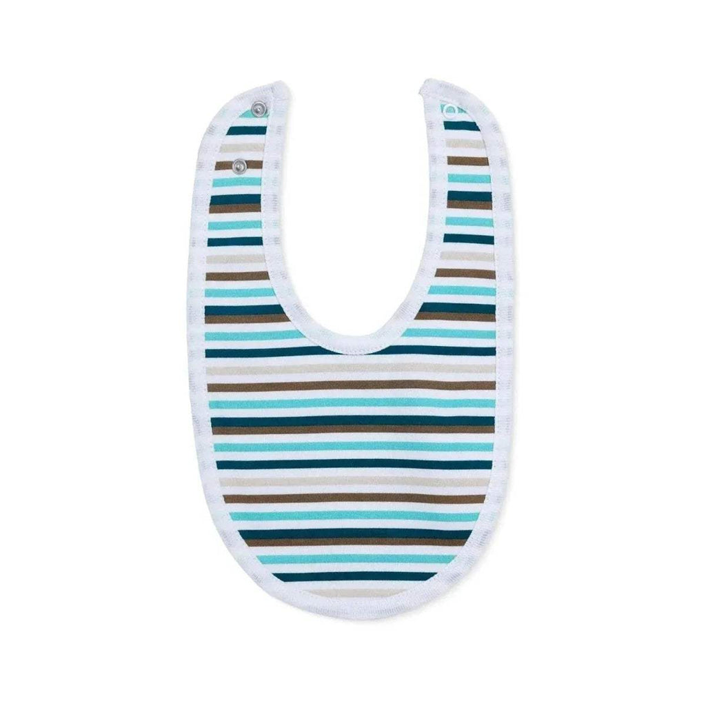 Baby cotton bib with multicolor blue-green stripe pattern and snap closure