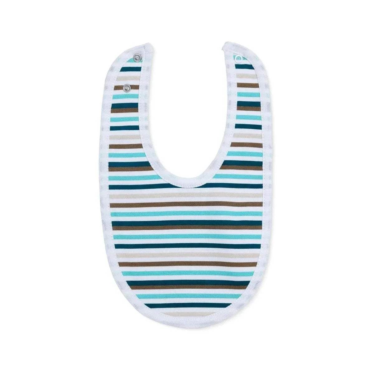 Baby cotton bib with multicolor blue-green stripe pattern and snap closure