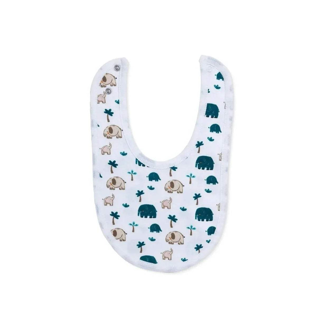 Baby cotton bib with white base and green safari animal print