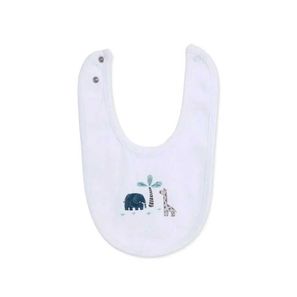 Baby cotton bib with white base and blue safari animal with giraffe print