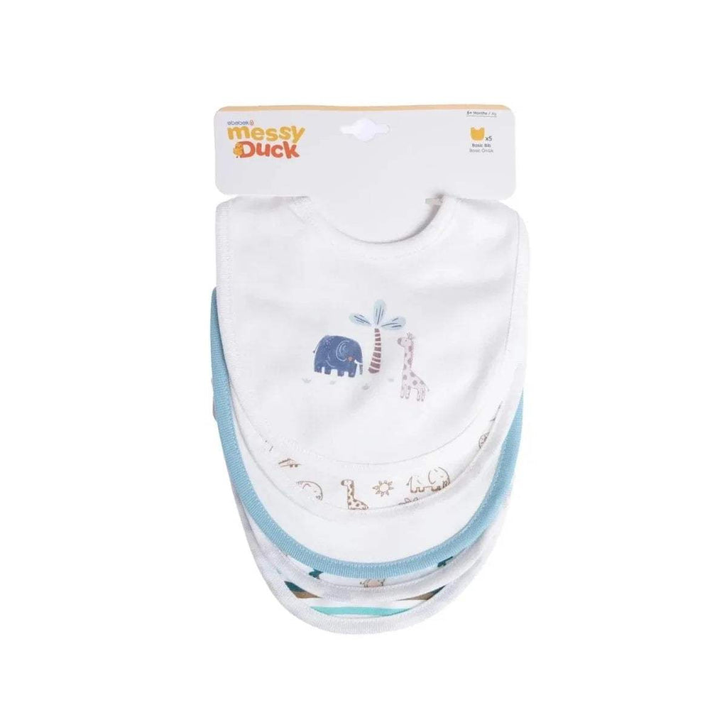 Messy Duck baby bib pack of 5 with safari animal prints and blue trim