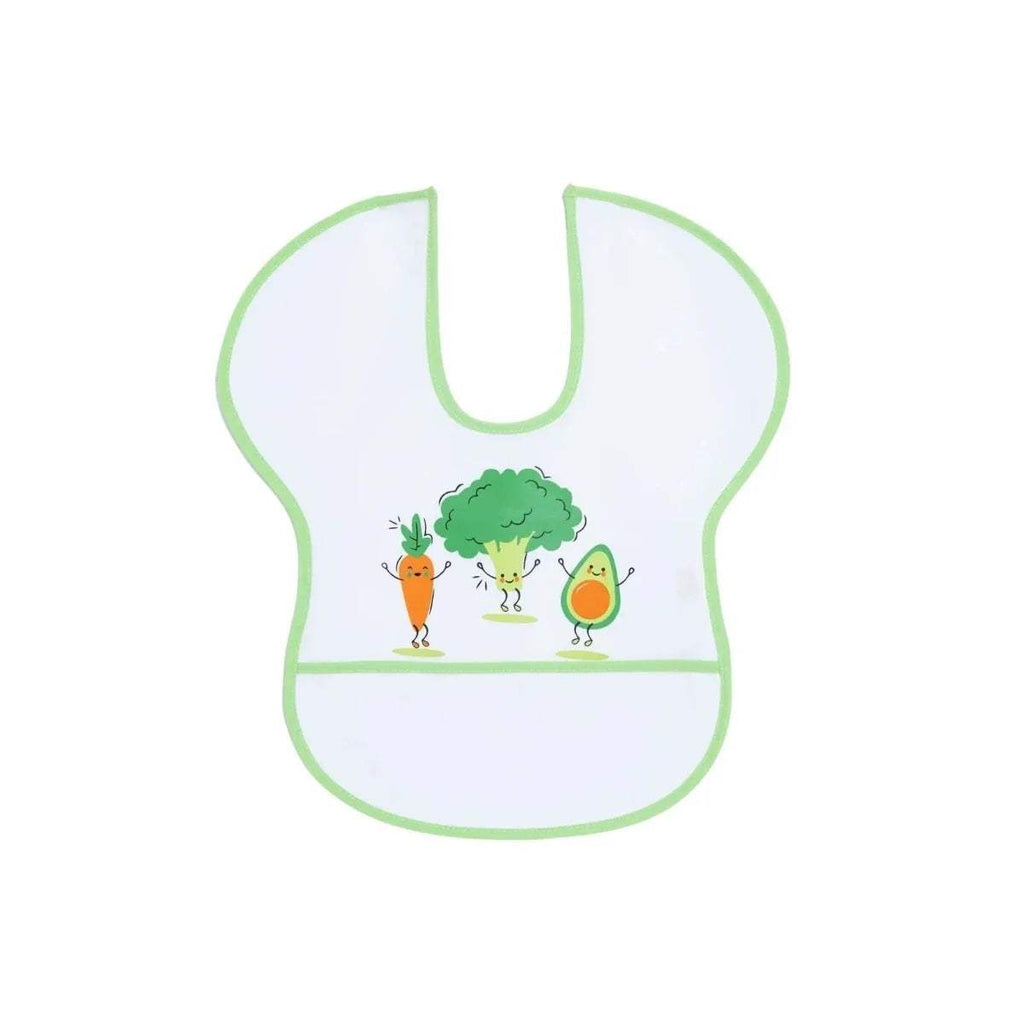 Wipe-clean short sleeve bib with veggie character print and green trim