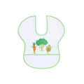 Wipe-clean short sleeve bib with veggie character print and green trim