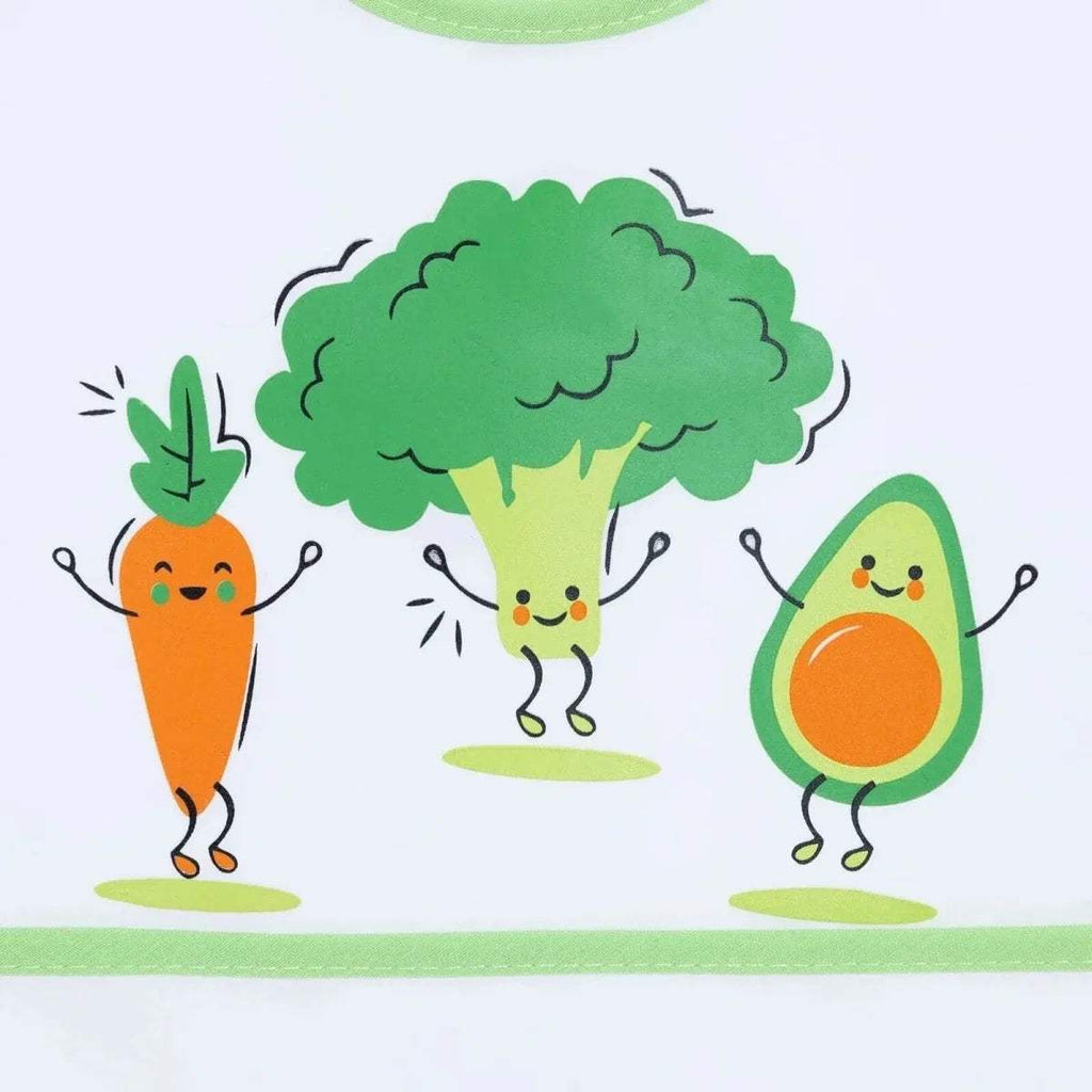 Wipe-clean short sleeve bib featuring smiling broccoli, carrot, and avocado characters