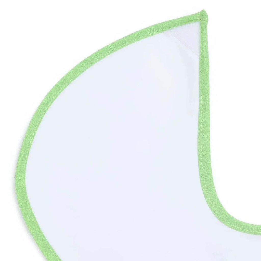 Wipe-clean short sleeve bib with plain white panel and green stitched edge