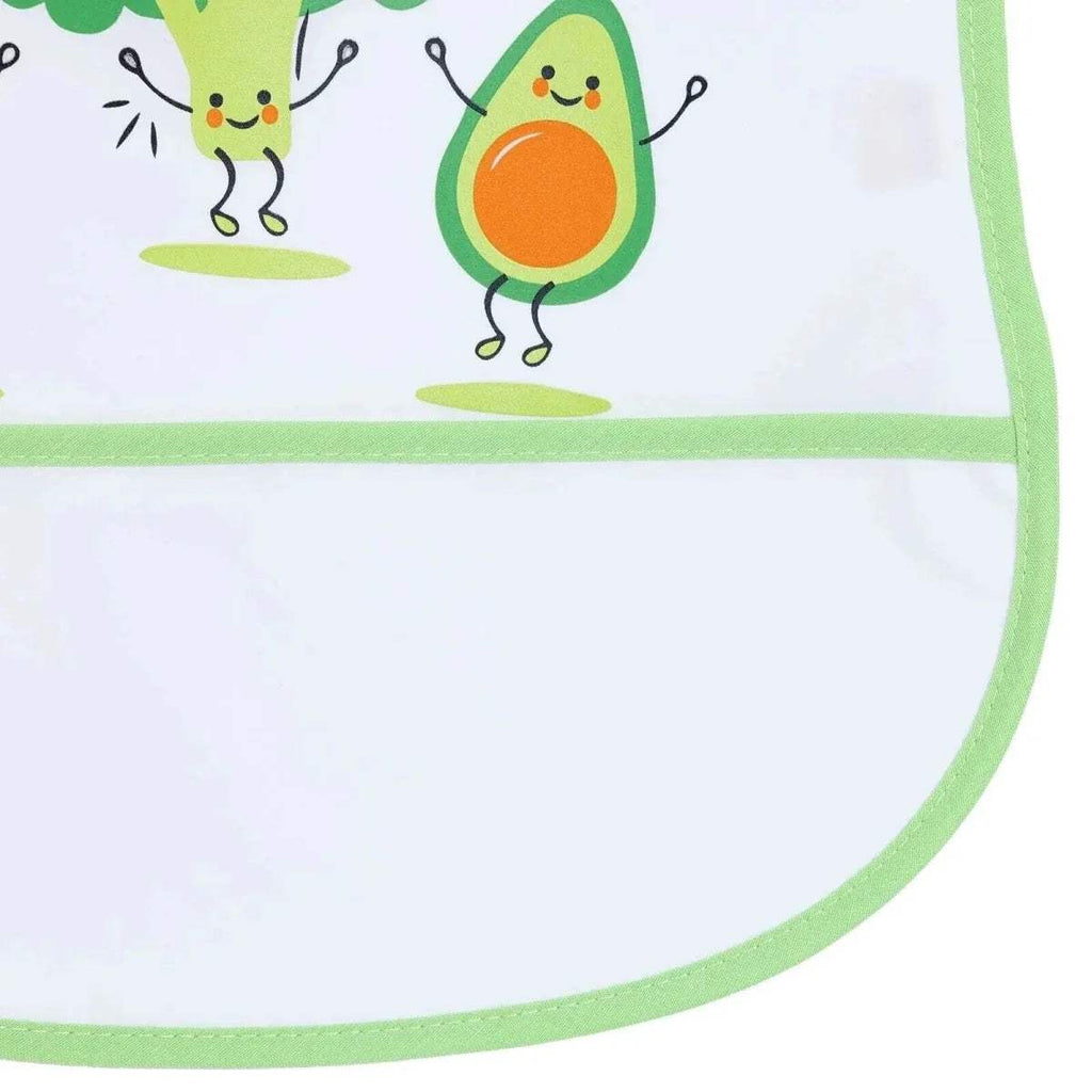 Wipe-clean short sleeve bib with green hem trim and partial veggie character print