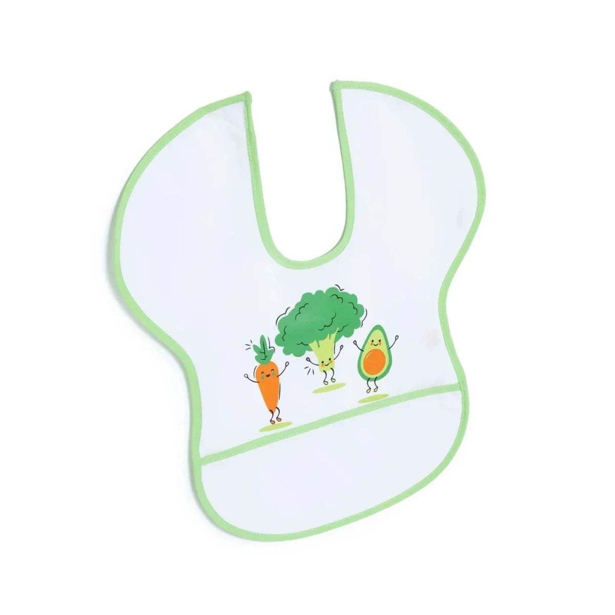 Wipe-clean short sleeve bib with veggie scene, U-neck opening, and green trim