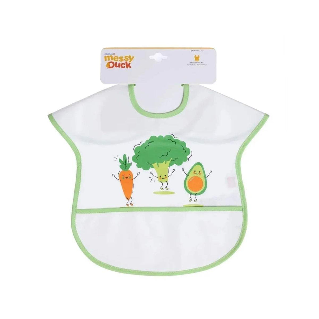 Wipe-clean short sleeve bib with veggie character print and green-trimmed neckline