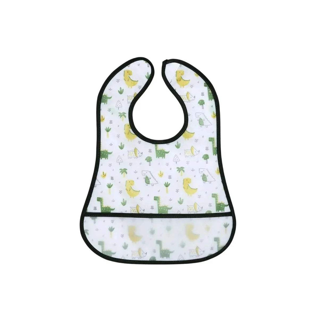 White baby bib with black trim and repeating dinosaur pattern, adjustable neck opening
