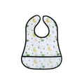 White baby bib with black trim and repeating dinosaur pattern, adjustable neck opening
