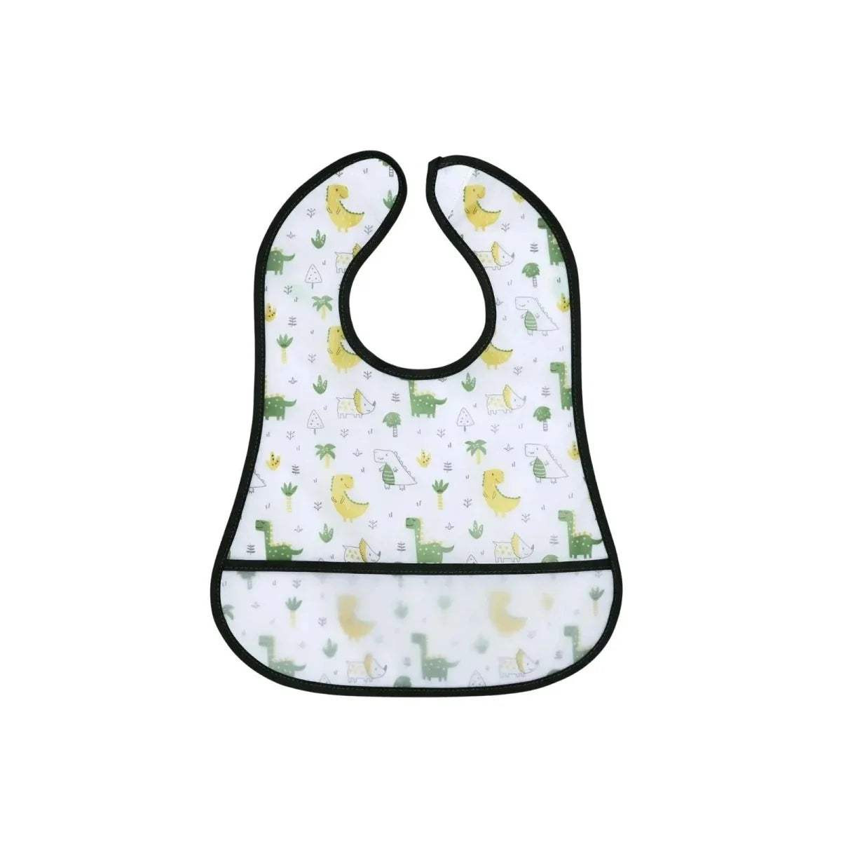 White baby bib with black trim and repeating dinosaur pattern, adjustable neck opening