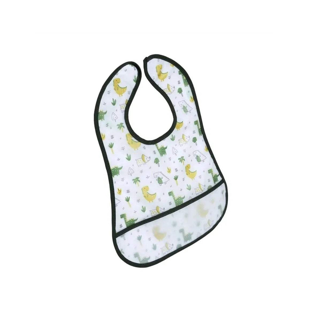 White baby dinosaur bib with black trim, full coverage front and curved bottom edge