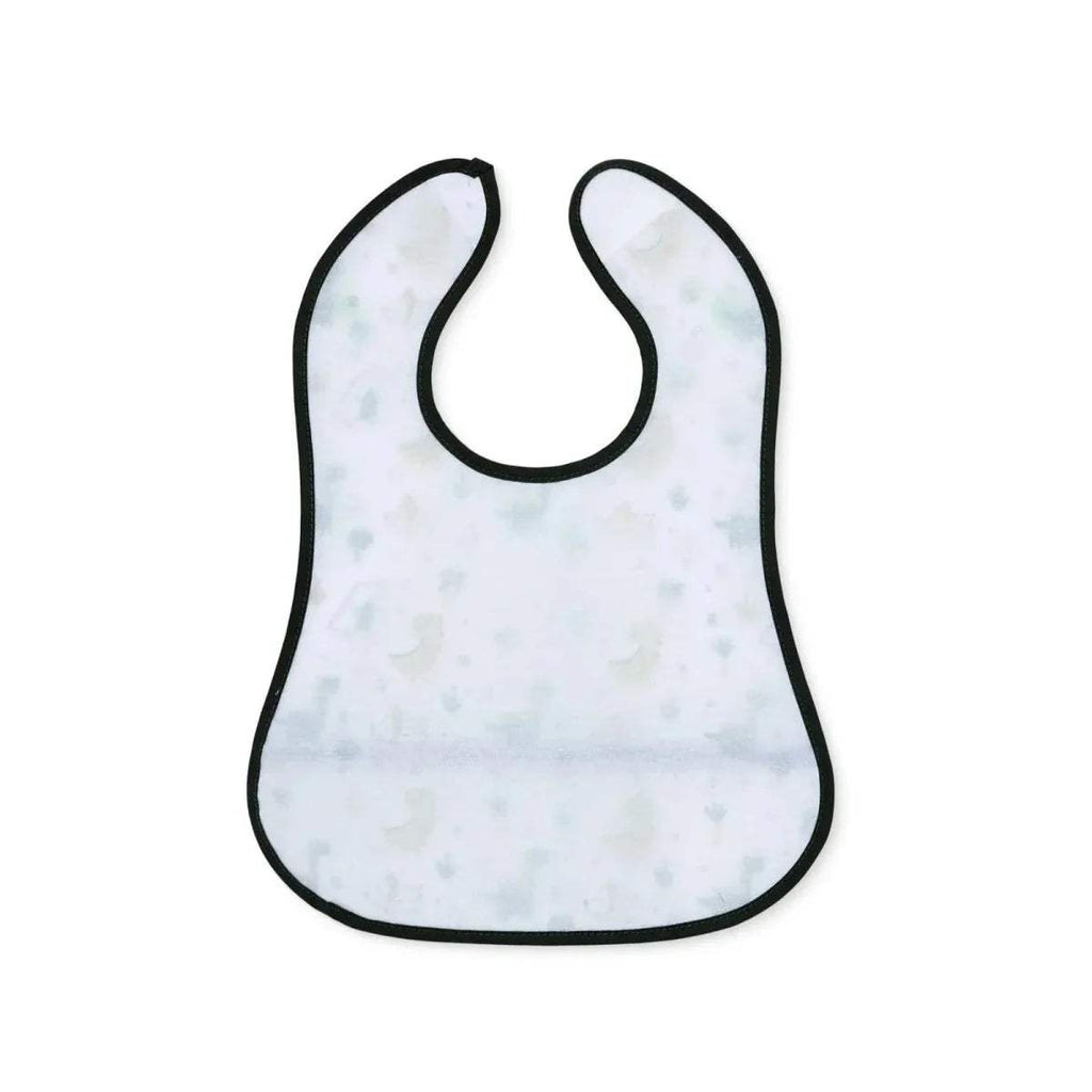White baby bib with black trim and curved U-shaped neckline, plain patterned front