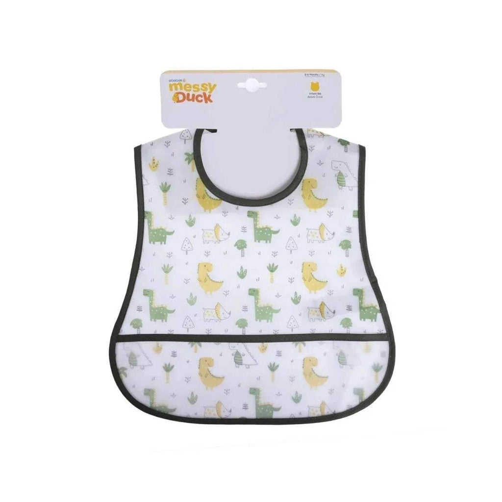 White baby bib with black trim and repeating dinosaur print, wide front coverage