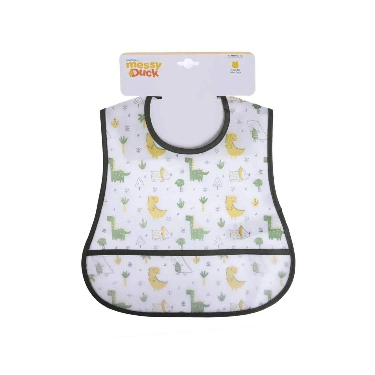 White baby bib with black trim and repeating dinosaur print, wide front coverage