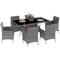 7-Piece Rattan Garden Furniture Set with Cushions, 6 Seater Garden Table and Chairs, Rattan Dining Set with 6 Armchairs, Rectangular Glass Top Table, Charcoal Grey - Bobobiy