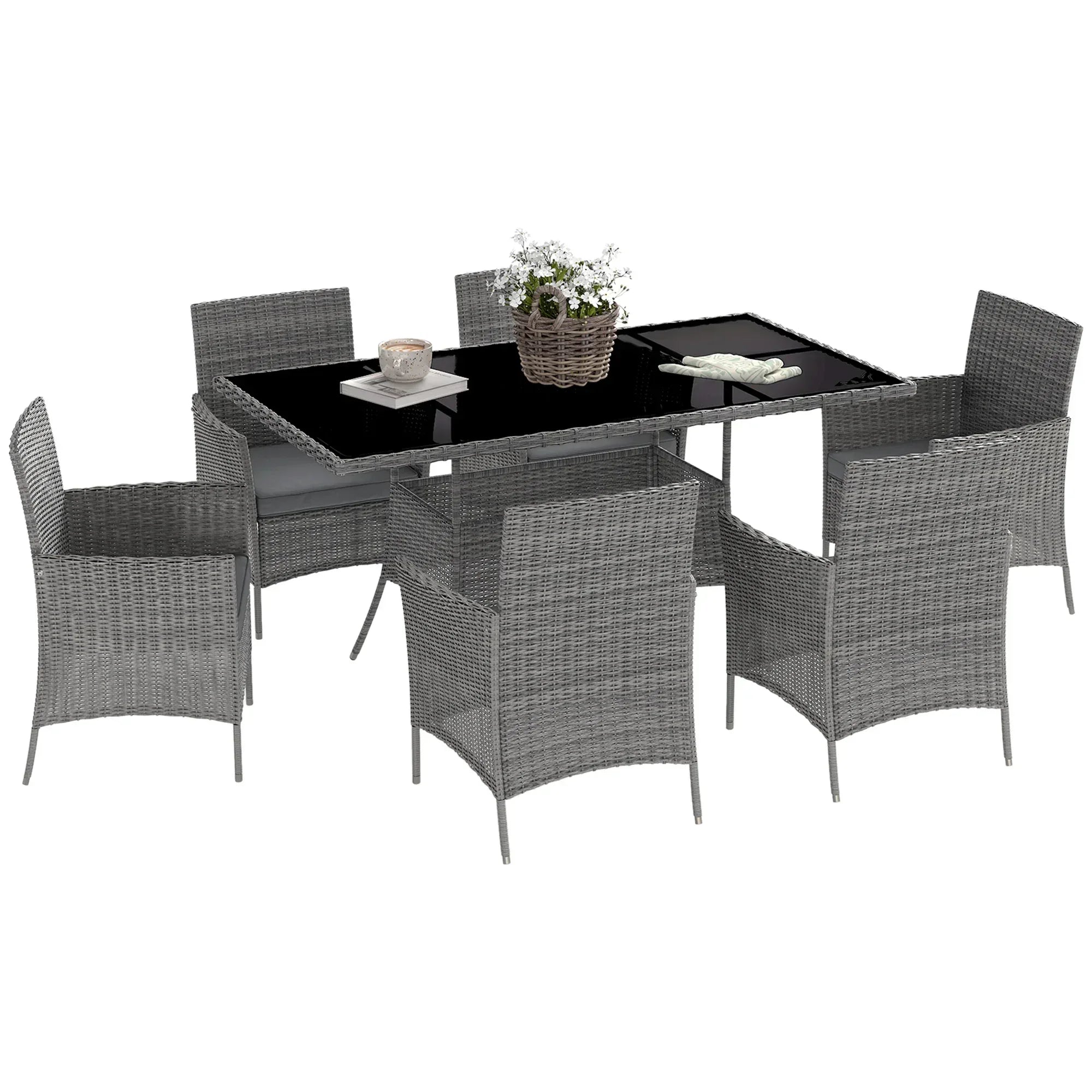 7-Piece Rattan Garden Furniture Set with Cushions, 6 Seater Garden Table and Chairs, Rattan Dining Set with 6 Armchairs, Rectangular Glass Top Table, Charcoal Grey - Bobobiy