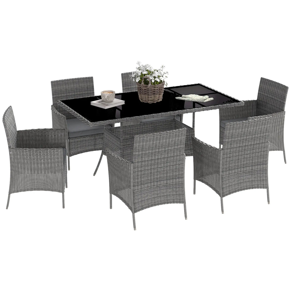 Outsunny 7-Piece Rattan Garden Set with Cushions, 6-Seater Garden Table and Chairs, Rattan Dining Set with 6