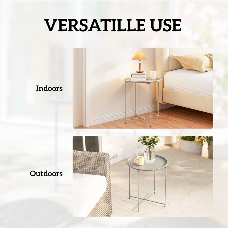White round side table for indoor or outdoor use with metal frame and tray